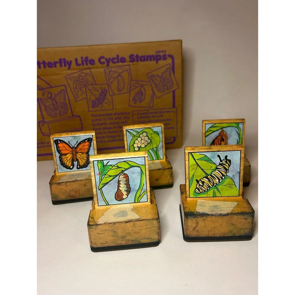 5 Butterfly Life Cycle Wood Mounted Rubber Stamp Homeschool Science Vintage